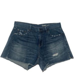 GAP 1969 Girlfriend Women Mid Rise Distressed Jean Shorts Medium Indigo Wash 28R